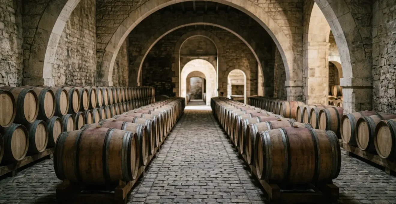 Vue sur des barriques de chêne dans un chai de château bordelais avec lumière naturelle filtrée