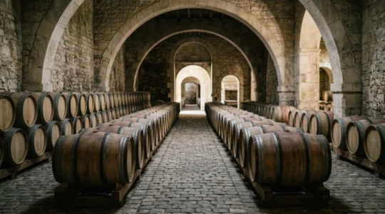 Vue sur des barriques de chêne dans un chai de château bordelais avec lumière naturelle filtrée