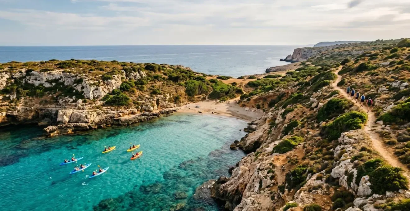 Groupe d'amis se séparant naturellement pour différentes activités sur une plage méditerranéenne