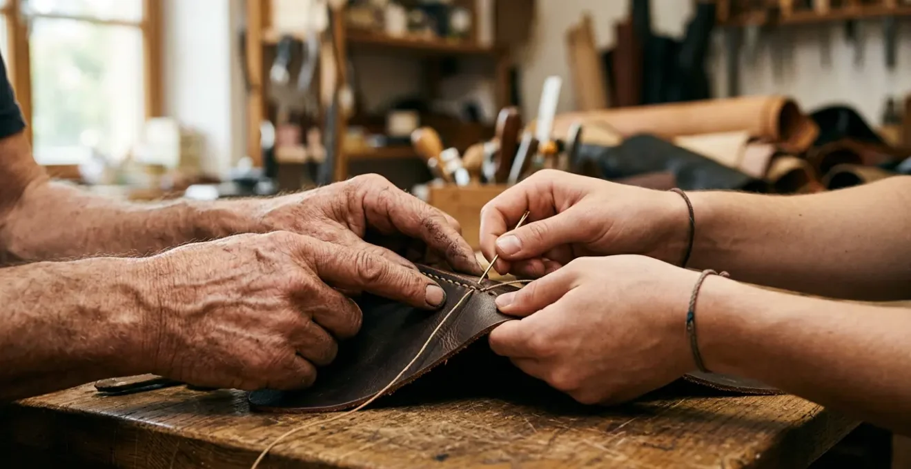 Immersion dans un atelier artisanal de luxe, mains d'un maître et d'un apprenti travaillant ensemble
