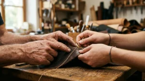 Immersion dans un atelier artisanal de luxe, mains d'un maître et d'un apprenti travaillant ensemble