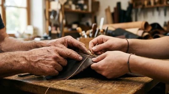 Immersion dans un atelier artisanal de luxe, mains d'un maître et d'un apprenti travaillant ensemble