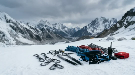 Préparation d'une expédition en haute altitude avec équipement de sécurité professionnel