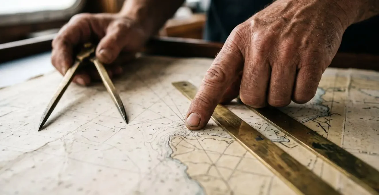 Skipper professionnel analysant des prévisions météorologiques avec des instruments nautiques dans un environnement sobre