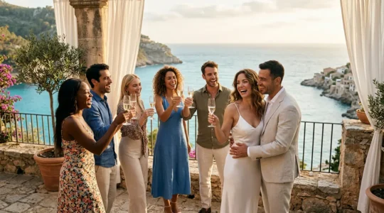 Groupe d'amis et jeunes mariés célébrant ensemble dans une villa luxueuse au bord de la mer