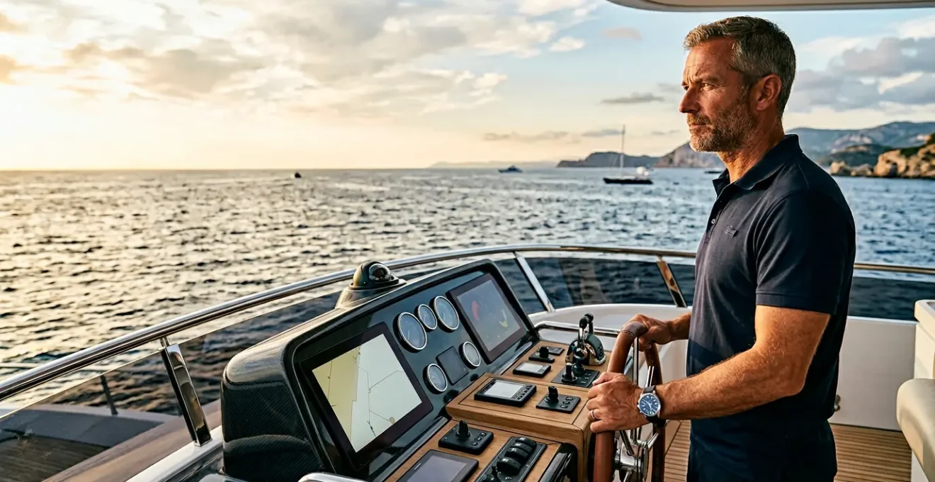 Capitaine pilotant un yacht de luxe avec determination et expertise en pleine mer