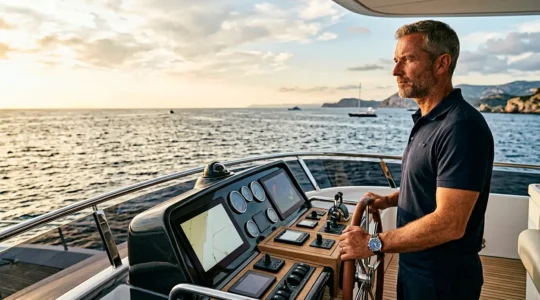Capitaine pilotant un yacht de luxe avec determination et expertise en pleine mer