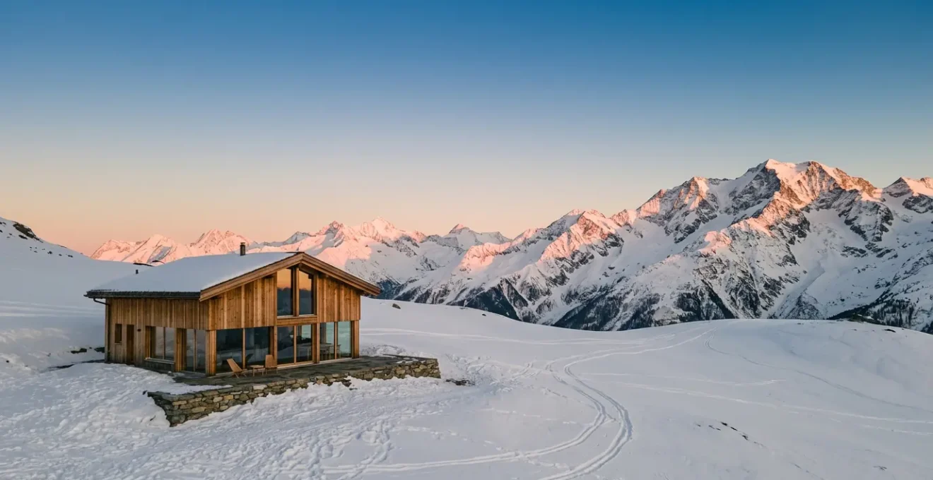 Chalet de luxe perché en haute altitude avec vue panoramique sur les sommets enneigés au coucher du soleil