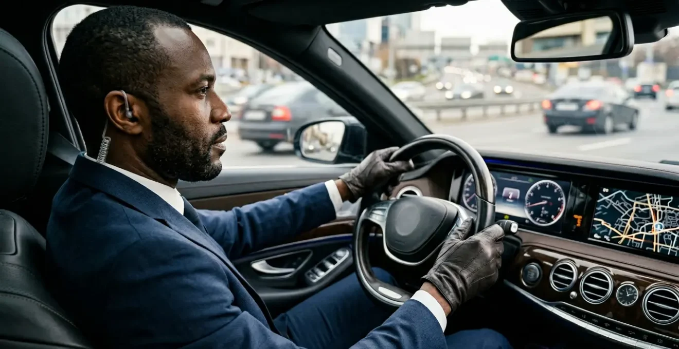 Chauffeur professionnel au volant d'une berline de luxe avec équipement de sécurité discret