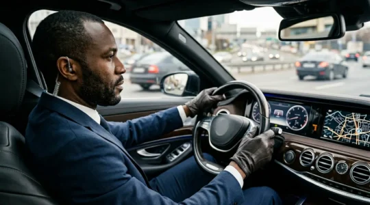 Chauffeur professionnel au volant d'une berline de luxe avec équipement de sécurité discret