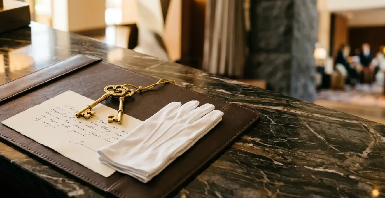 Service de conciergerie personnalisé dans un palace de luxe avec détails raffinés et atmosphère élégante