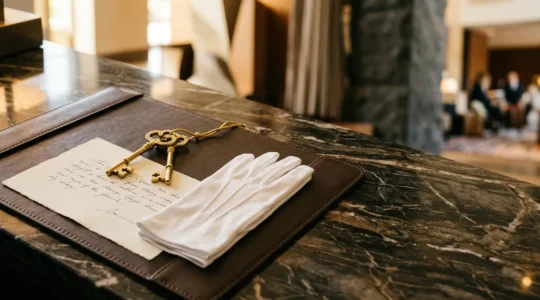Service de conciergerie personnalisé dans un palace de luxe avec détails raffinés et atmosphère élégante