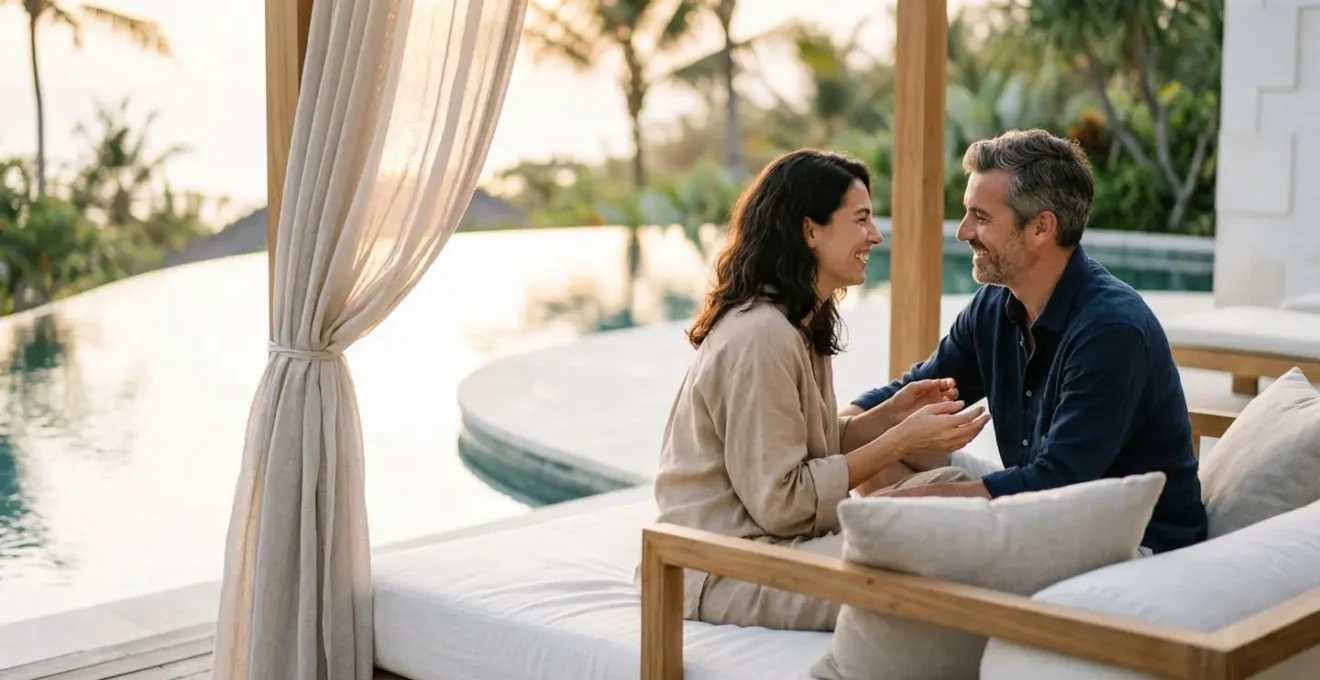 Couple en digital detox profitant d'un moment de reconnexion dans un cadre haut de gamme