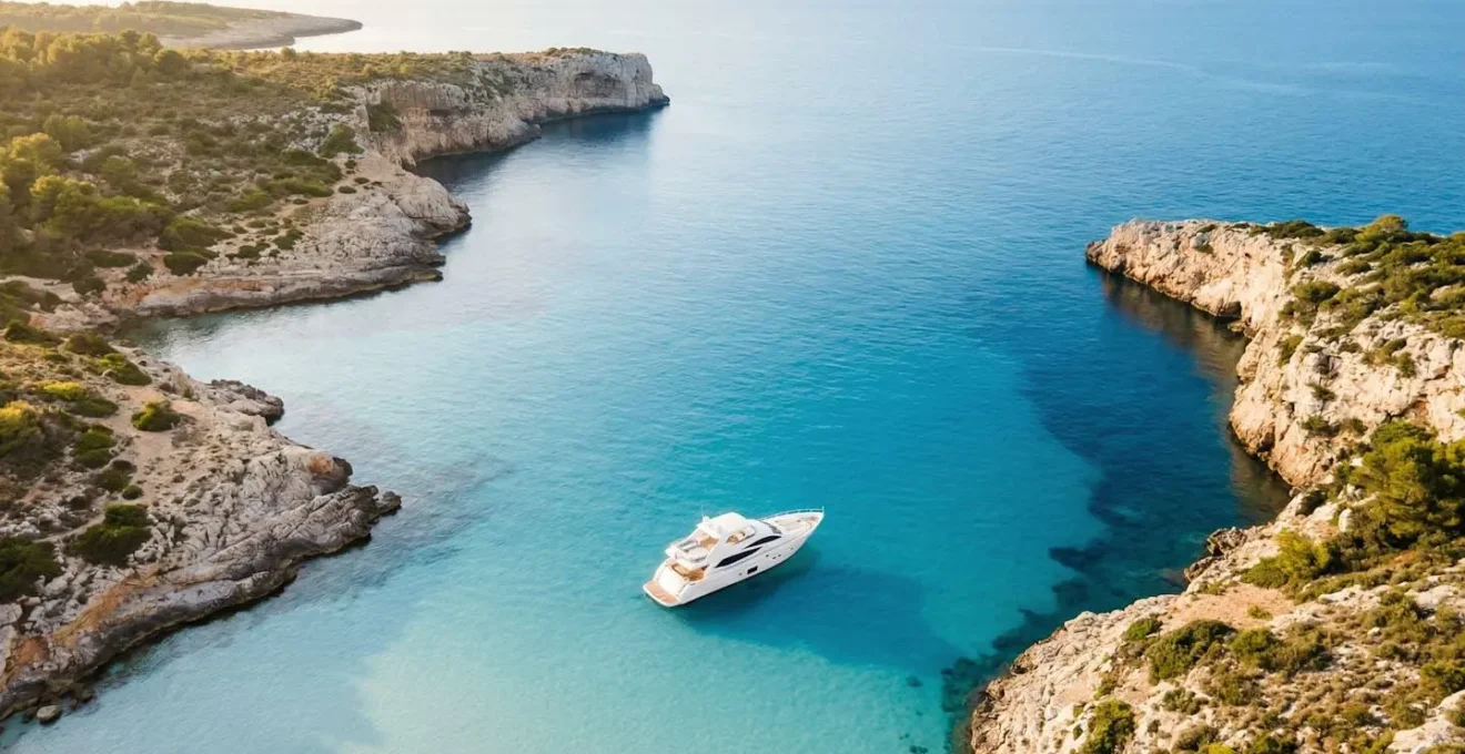 Vue aerienne d'une crique mediterraneenne isolee avec yacht ancre dans une eau turquoise cristalline
