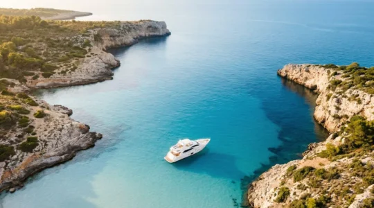Vue aerienne d'une crique mediterraneenne isolee avec yacht ancre dans une eau turquoise cristalline