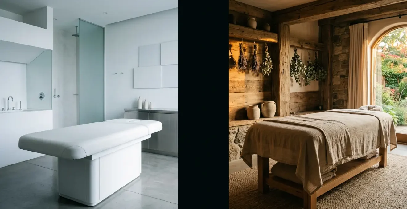 Comparaison visuelle entre une approche médicale moderne et une approche holistique pour traiter l'épuisement professionnel dans un cadre luxueux