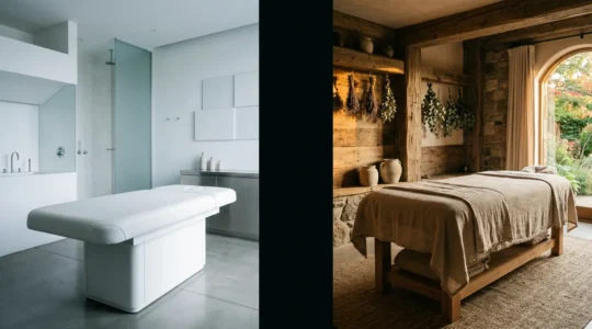 Comparaison visuelle entre une approche médicale moderne et une approche holistique pour traiter l'épuisement professionnel dans un cadre luxueux
