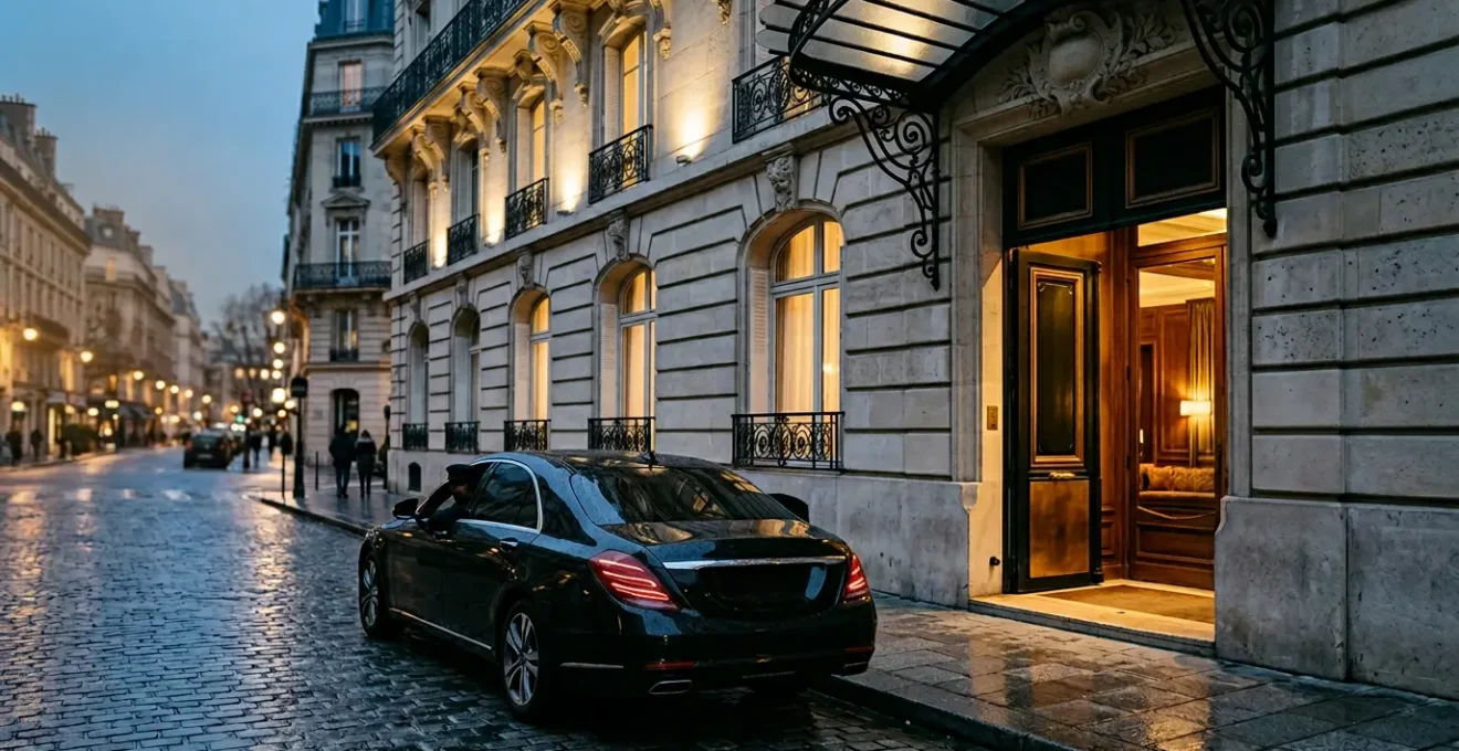 Entrée privée élégante d'un palace de luxe en centre-ville avec voiture de prestige