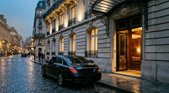 Entrée privée élégante d'un palace de luxe en centre-ville avec voiture de prestige