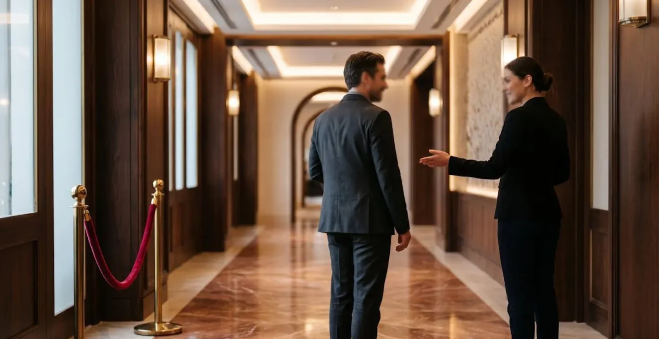 Entrée privée VIP avec éclairage élégant et environnement exclusif, illustrant l'accueil personnalisé haut de gamme