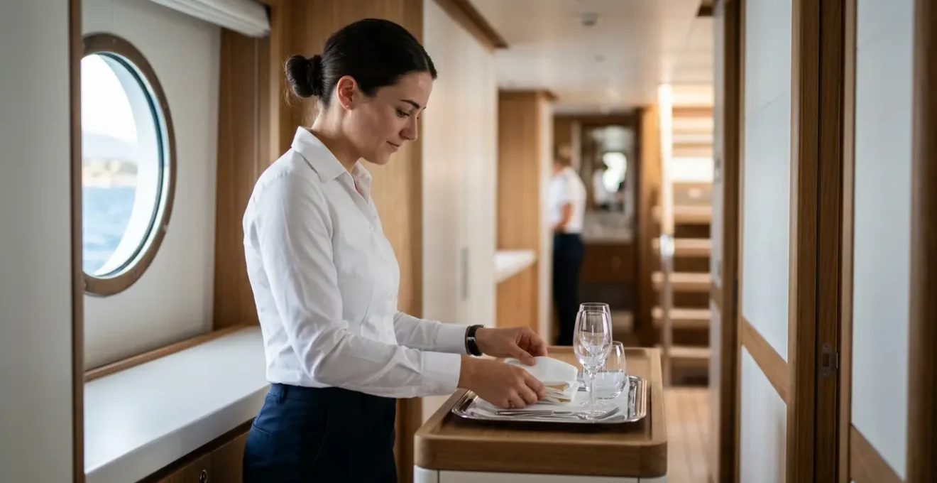 Équipage professionnel de superyacht en uniforme élégant dans une coursive de service moderne