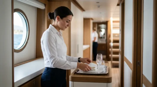 Équipage professionnel de superyacht en uniforme élégant dans une coursive de service moderne