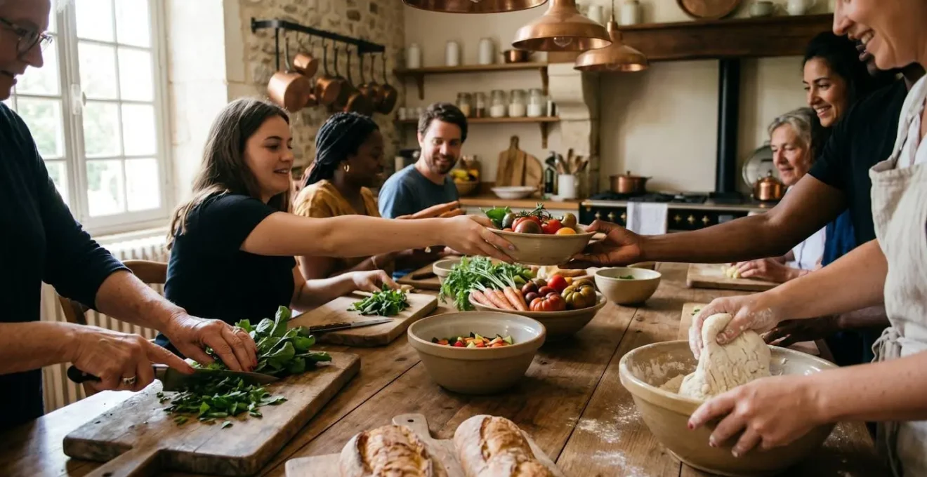 Grande table en bois rustique dans une cuisine de manoir avec des mains préparant un repas en groupe