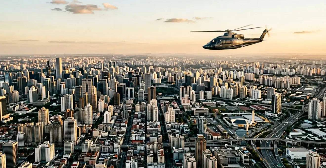 Hélicoptère moderne en configuration de survol urbain de jour au-dessus d'une métropole