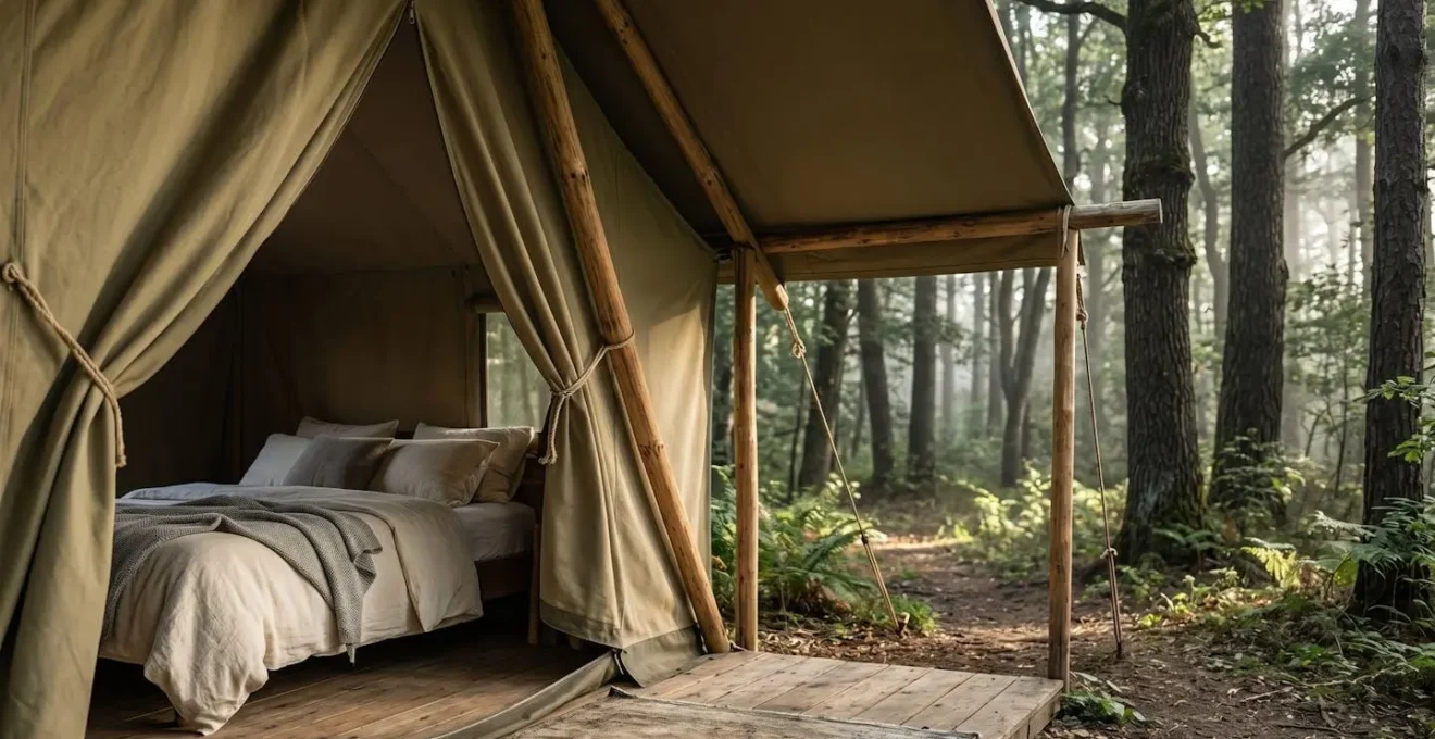 Vue sensorielle d'un hébergement de glamping avec interaction subtile entre intérieur et nature