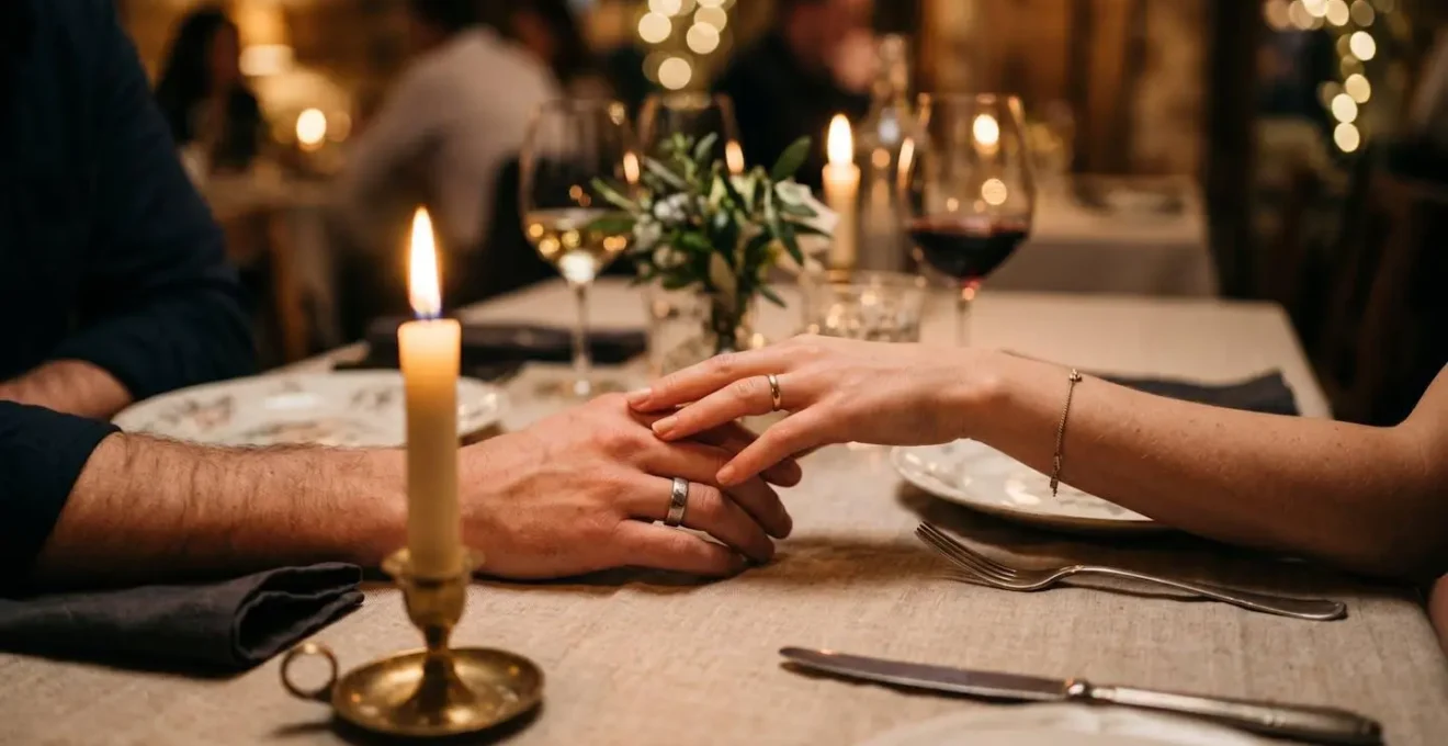 Moment d'intimité authentique entre partenaires lors d'un dîner raffiné