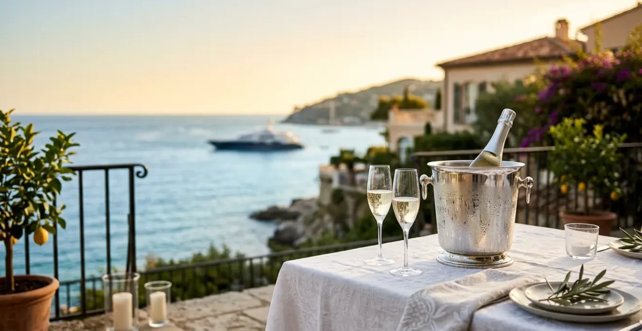 Scène sophistiquée évoquant l'exclusivité et le raffinement de la Côte d'Azur