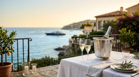 Scène sophistiquée évoquant l'exclusivité et le raffinement de la Côte d'Azur