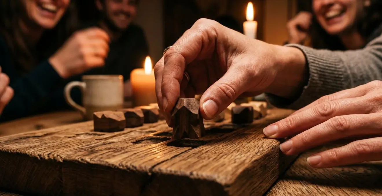 Groupe d'amis jouant à des jeux de société lors d'une soirée conviviale dans une villa de vacances