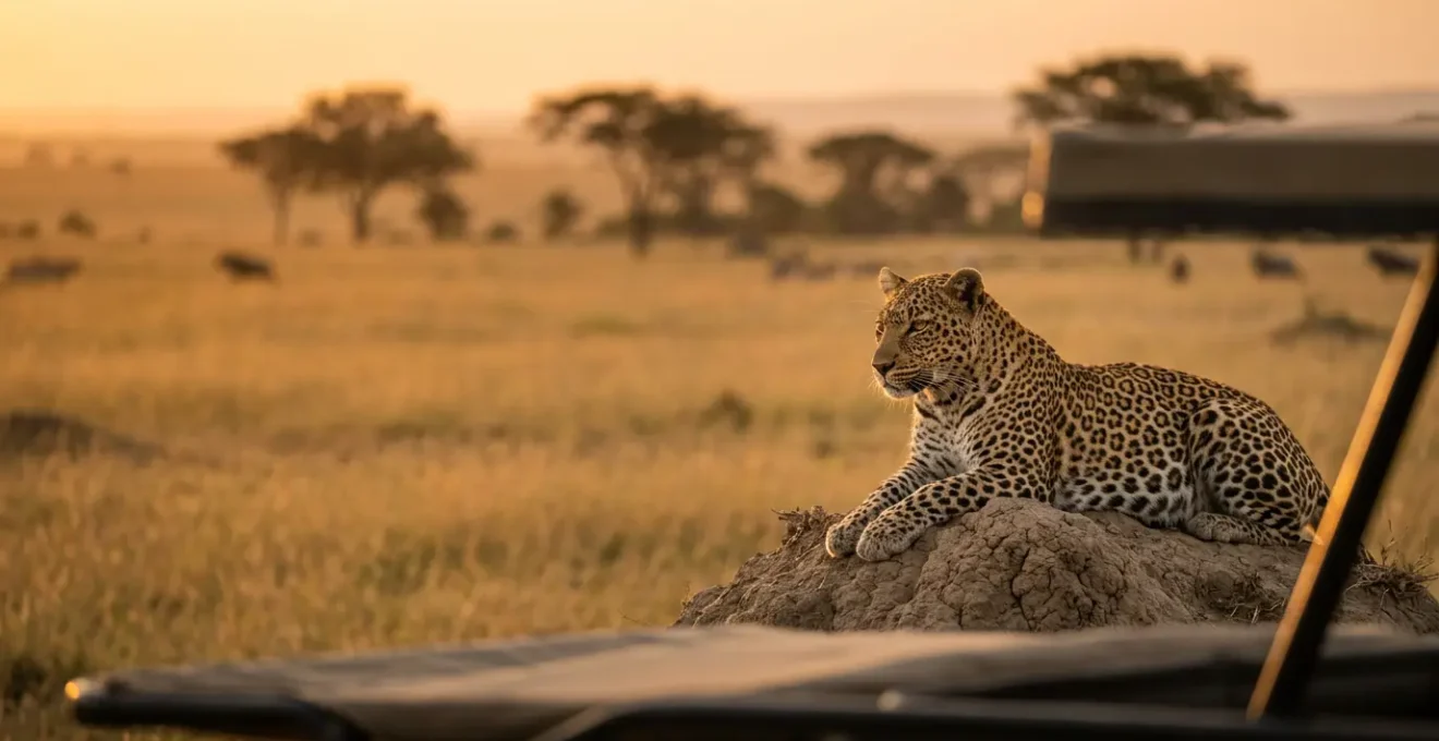 Léopard observé depuis un véhicule de safari dans une concession privée africaine au coucher du soleil