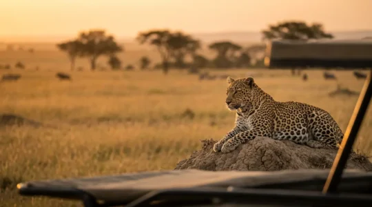 Léopard observé depuis un véhicule de safari dans une concession privée africaine au coucher du soleil