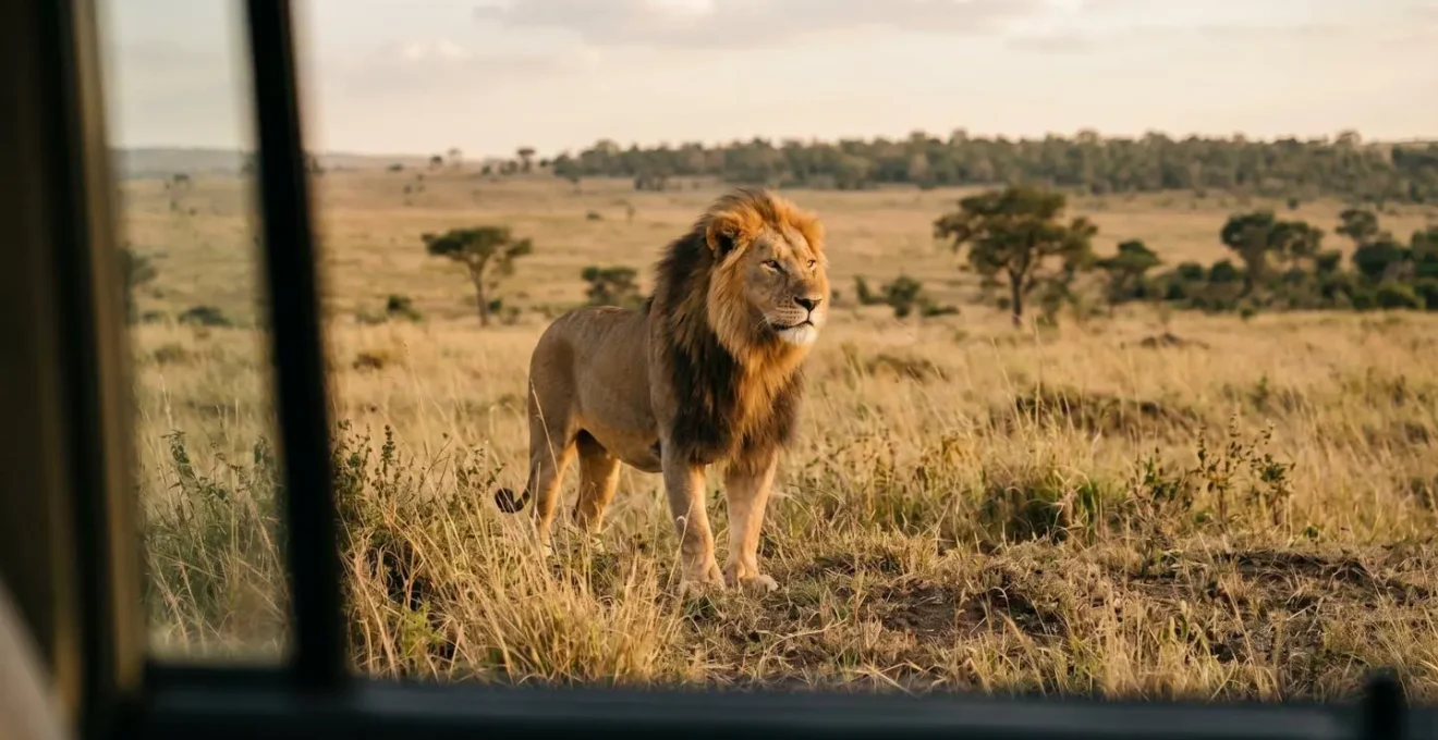 Lion mâle adulte observé à distance respectueuse depuis un véhicule de safari dans son habitat naturel