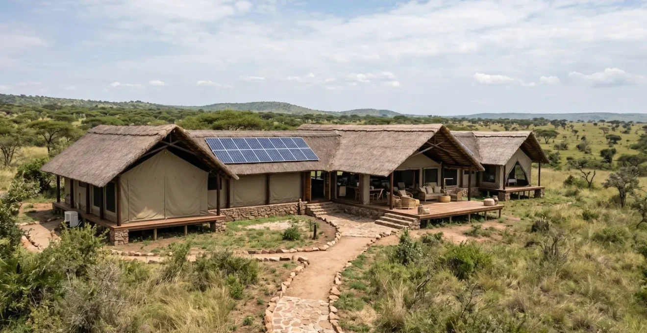 Éco-lodge africain intégré dans le paysage avec panneaux solaires et architecture durable