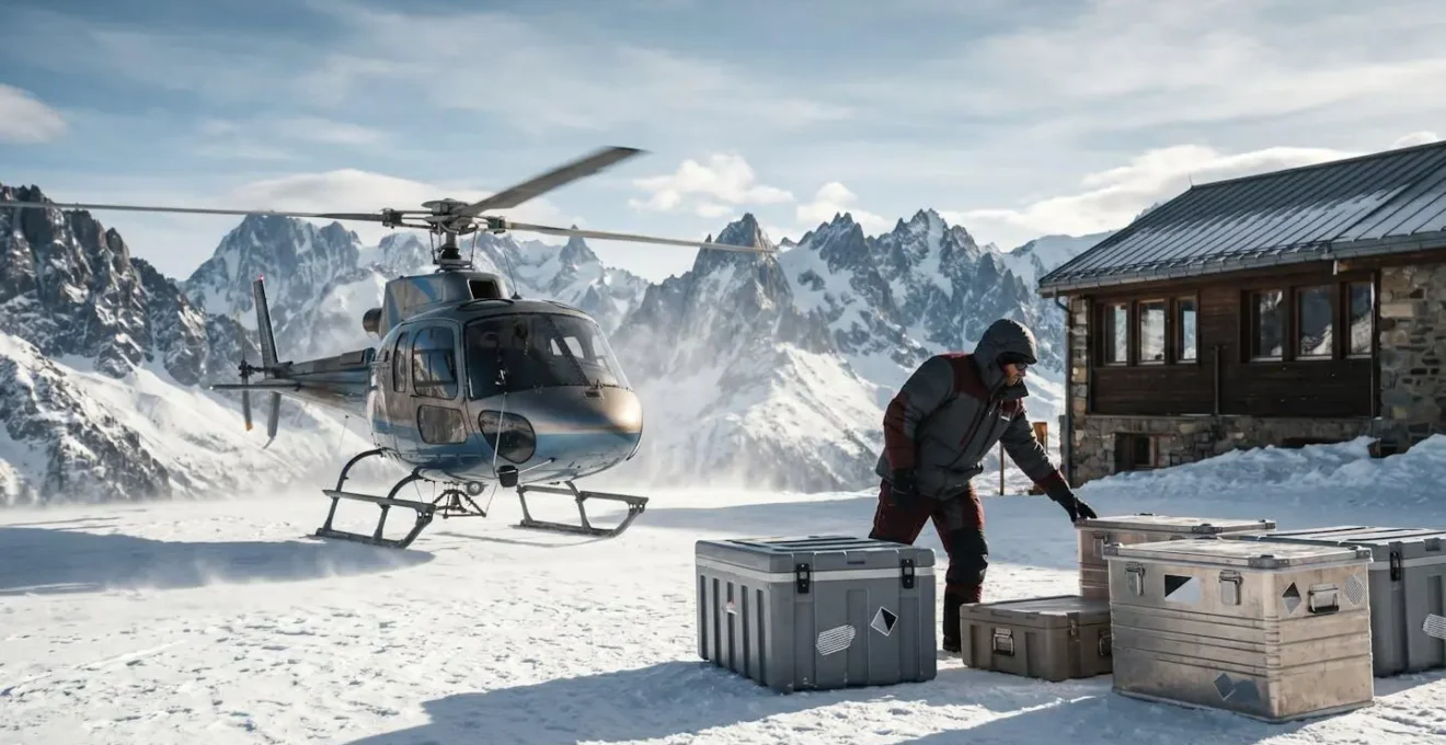 Hélicoptère de ravitaillement déposant des provisions devant un restaurant de montagne en haute altitude