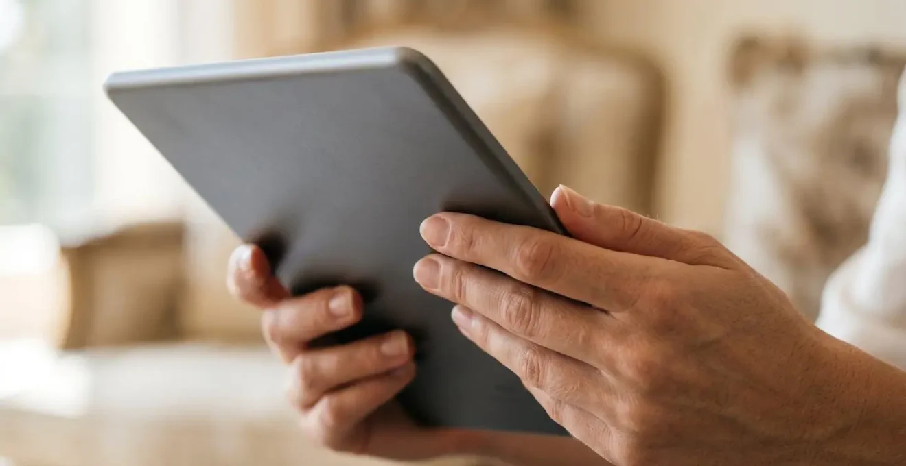 Gros plan de mains élégantes tenant une tablette moderne dans une villa de luxe avec lumière naturelle douce