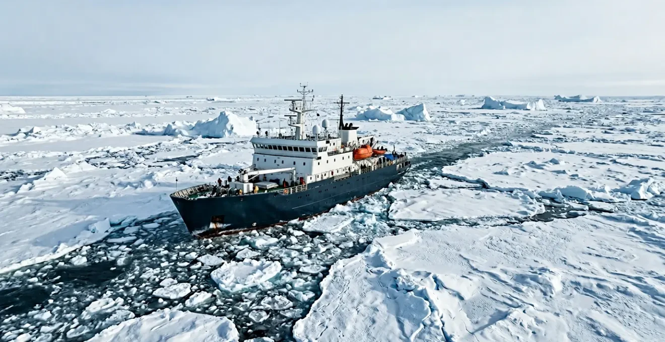 Navire d'expédition Ice-Class naviguant dans les glaces arctiques du Passage du Nord-Ouest