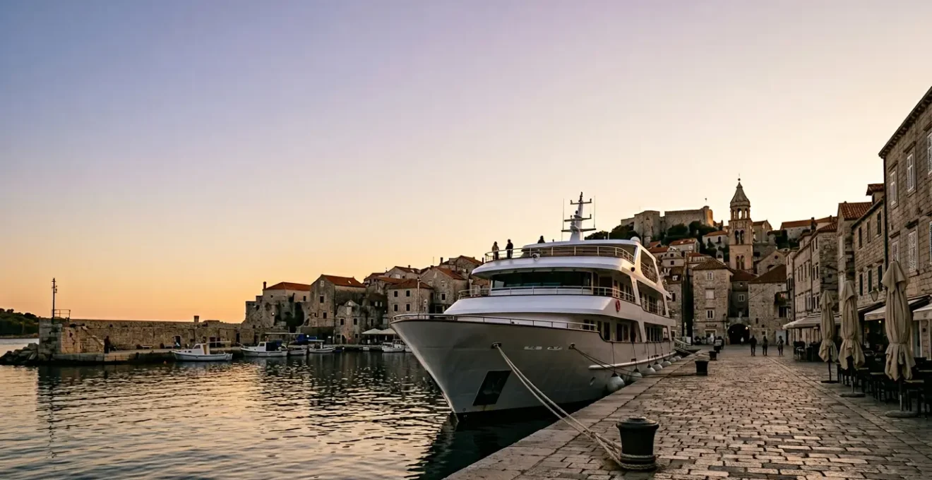 Petit navire de croisière de luxe amarré dans un port historique au coucher du soleil
