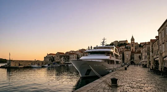 Petit navire de croisière de luxe amarré dans un port historique au coucher du soleil
