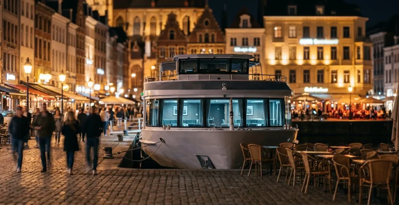 Navire de luxe amarré en plein centre d'une ville européenne animée la nuit
