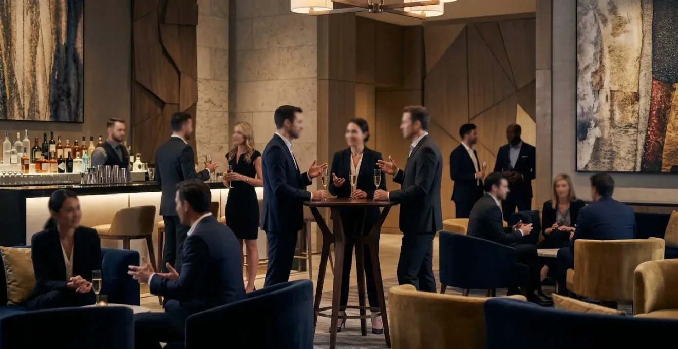 Salon VIP élégant avec espaces de conversation propices au networking, illustrant les moments stratégiques d'échange entre décideurs