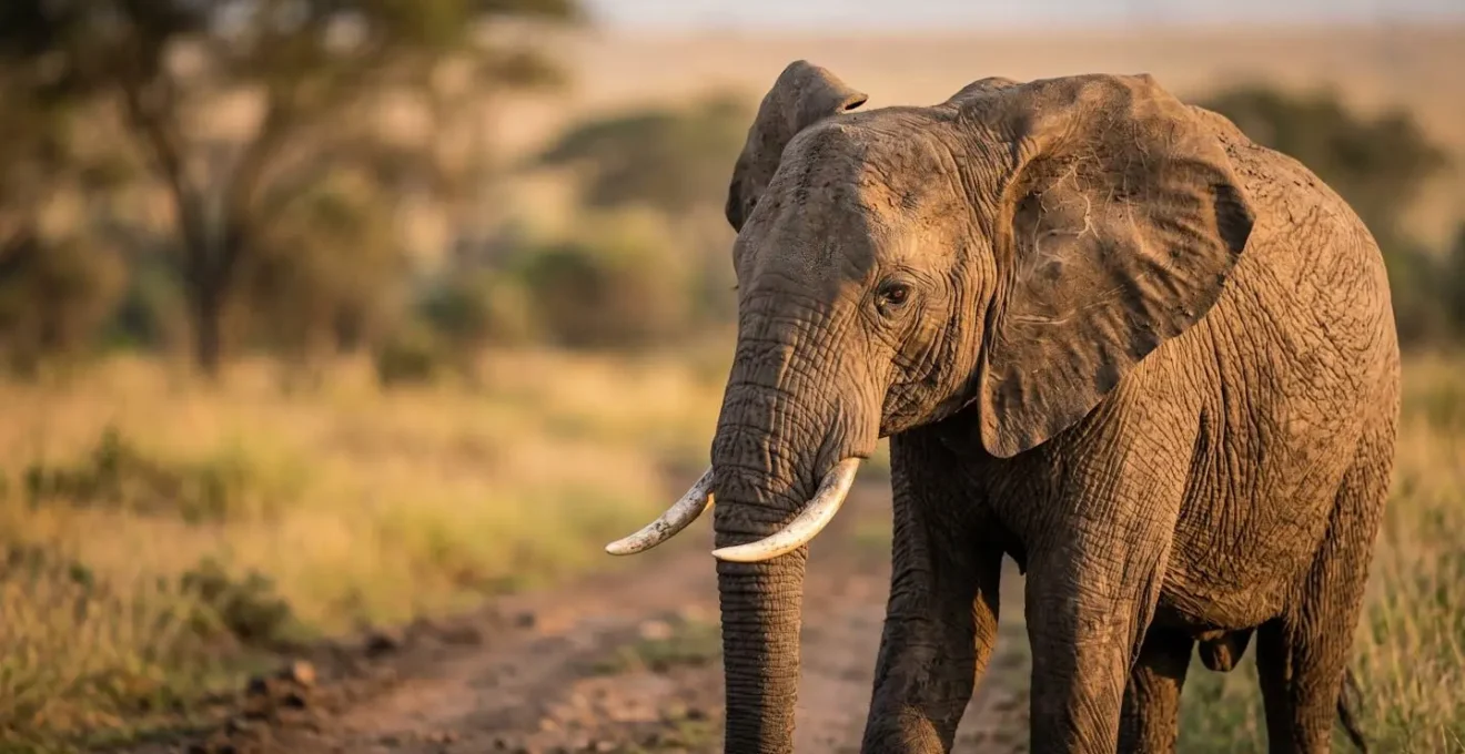 Éléphant en savane africaine observé depuis un véhicule, détails comportementaux visibles