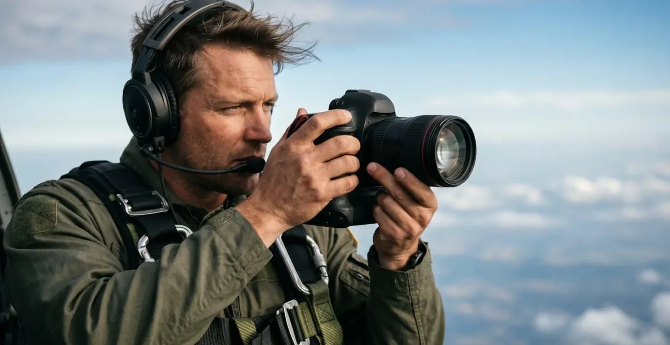Photographe professionnel équipé d'un harnais de sécurité en position de prise de vue depuis un hélicoptère en vol