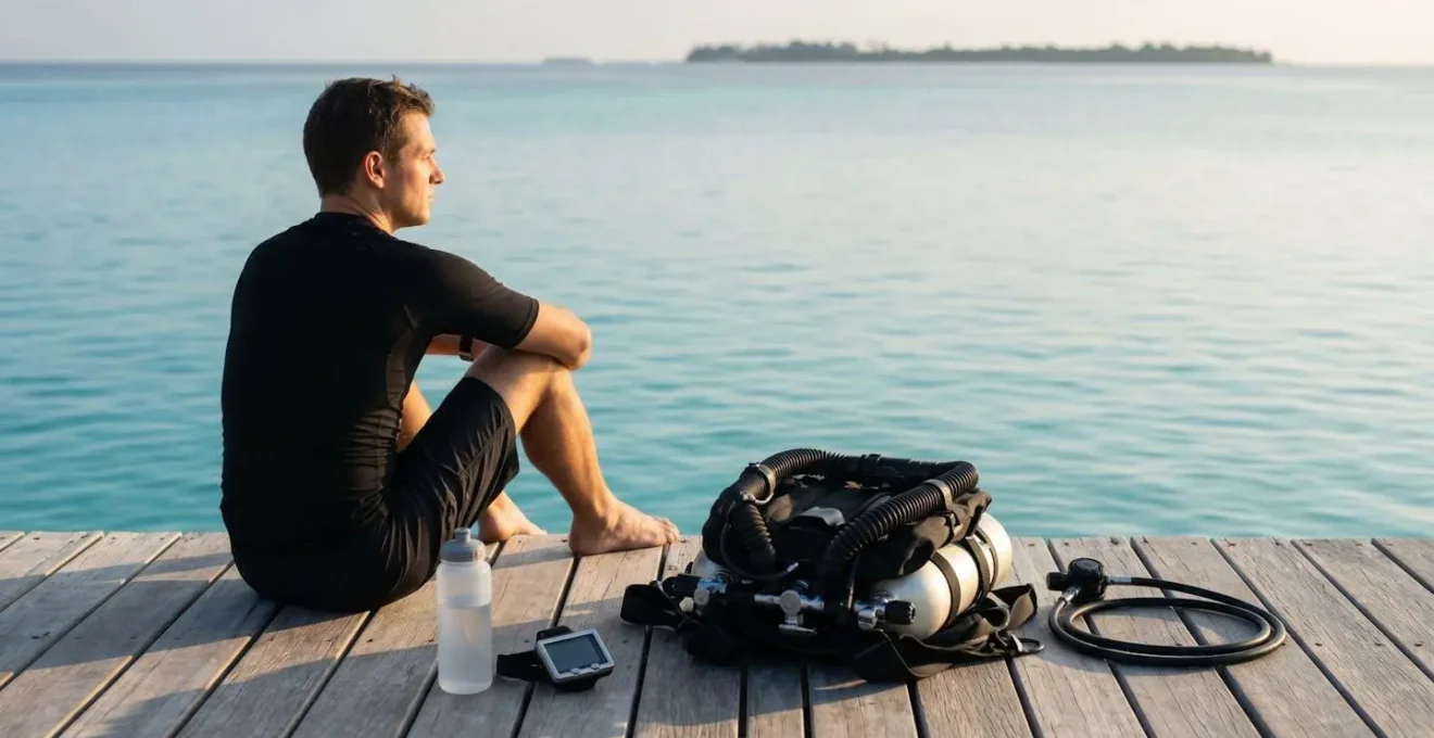 Scène contemplative d'un plongeur au repos avant une plongée technique dans un environnement tropical