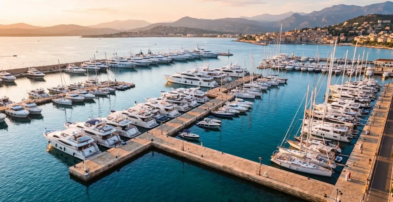 Marina de luxe avec yachts amarres lors d'un evenement prestigieux sur la Cote d'Azur
