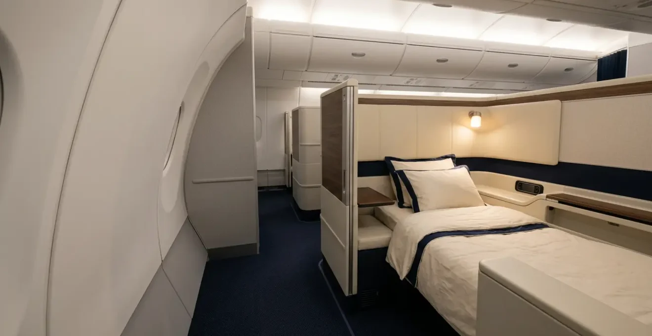 Intérieur luxueux d'une cabine de première classe aérienne avec sièges inclinables transformables en lits