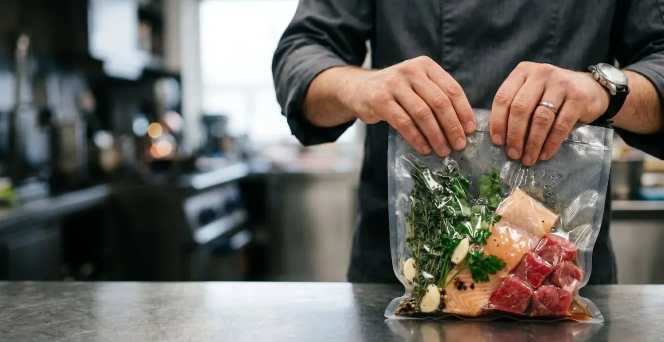 Preparation culinaire professionnelle avec technique sous vide dans une cuisine moderne